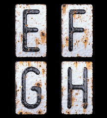 3D render set of capital letters E, F, G, H made of forged metal on the background fragment of a metal surface with cracked rust.