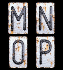 3D render set of capital letters M, N, O, P made of forged metal on the background fragment of a metal surface with cracked rust.