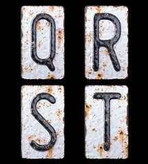 3D render set of capital letters Q, R, S, T made of forged metal on the background fragment of a metal surface with cracked rust.