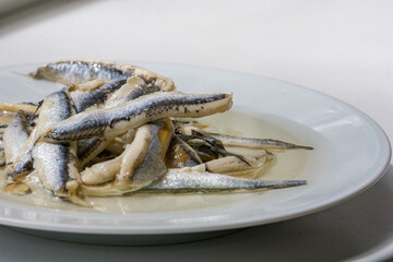 Close up of a white plate of marinated alici against a white background