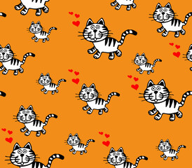 Obraz premium A cat drawn in black lines with red hearts on an orange background.Seamless pattern.