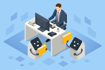 Isometric artificial intelligence robot helps in working with the database concept. Artificial intelligence provide access to information