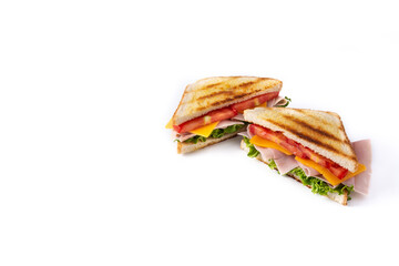 Sandwich with tomato,lettuce,ham and cheese isolated on white background.Copy space
