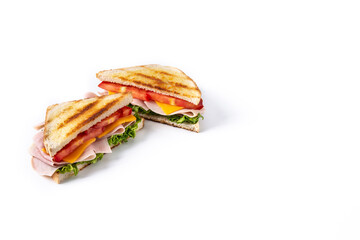 Sandwich with tomato,lettuce,ham and cheese isolated on white background.Copy space