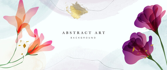 Abstract art background vector. Luxury minimal style wallpaper with golden line art flower and botanical leaves, Organic shapes, Watercolor. Vector background for banner, poster, Web and packaging. © TWINS DESIGN STUDIO