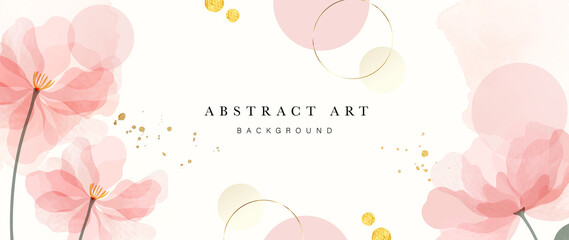 Abstract art background vector. Luxury minimal style wallpaper with golden line art flower and botanical leaves, Organic shapes, Watercolor. Vector background for banner, poster, Web and packaging. - obrazy, fototapety, plakaty