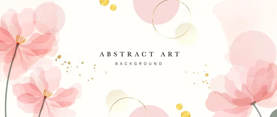 Foto op Plexiglas Abstract art background vector. Luxury minimal style wallpaper with golden line art flower and botanical leaves, Organic shapes, Watercolor. Vector background for banner, poster, Web and packaging. © TWINS DESIGN STUDIO