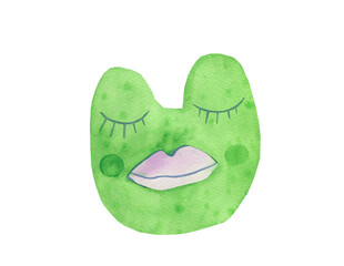 Watercolor green frog with purple lips on white isolated background. Mystical illustration for halloween hand painted. Design for social media, cards, packaging, sticker, invitation card, web.