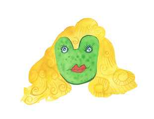 Watercolor green frog with blond hair and red lips on white isolated background.Mystical illustration for halloween hand painted.Design for social media,cards,packaging,sticker,invitation card,web.