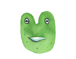 Watercolor green frog with purple lips on white isolated background. Mystical illustration for halloween hand painted. Design for social media, cards, packaging, sticker, invitation card, web.
