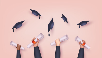 Graduating students of pupil hands in gown throwing graduation caps. Hands holding diploma graduation.  3D Web Vector Illustrations. - obrazy, fototapety, plakaty