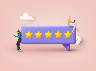 People Characters Giving Five Star Feedback. Vector customer review concepts. Reviews stars with good and bad rate and text. 3D Web Vector Illustrations.