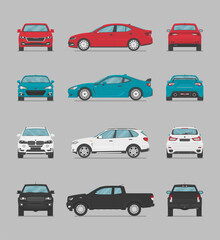 Vector cars. Side view, front view, back view, top view. Cartoon flat illustration, car for graphic and web
