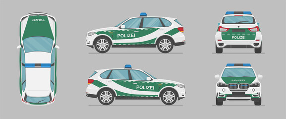 German police car. Side view, front view, back view, top view. Cartoon flat illustration, auto for graphic and web. Translation: police © Rimsky
