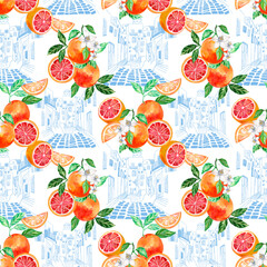 Architecture outline Santorini pencil sketch   artwork urban and grapefruit watercolor illustration seamless repeat pattern