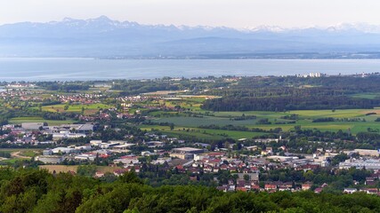 View from Gehrenberg to Markdorf with neighboring communities, Germany. In the background Lake Constance and the Swiss Alps