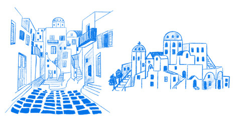 Architecture outline Santorini sketch   blue artwork urban ocean landmark drawing on white background