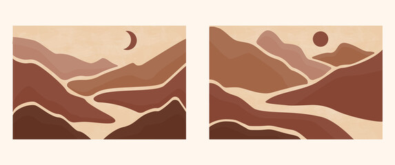 Set of abstract landscape posters. Aesthetic background landscape with mountains. Arth tones, burnt orange, terracotta colors, pastel. Modern minimalist art print. Boho wall decor.