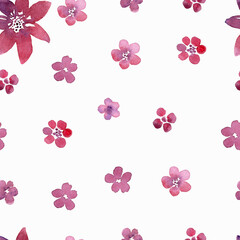 Fototapeta na wymiar Seamless pattern watercolor pink flowers. Small flowers and large in the corners isolated on white backgroun