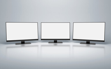 Row of computer monitors with white blank screens. clipping path. 3d rendering
