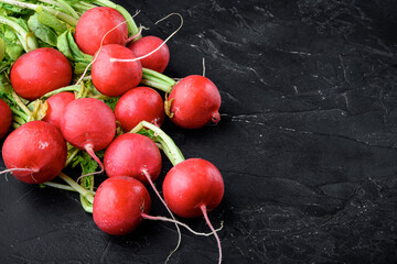 A bunch of juicy red radishes Healthy food, on black stone background, with copy space for text