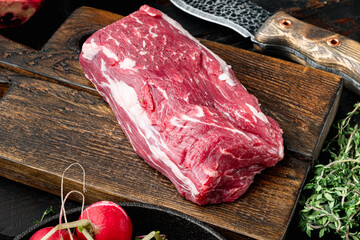 Raw fresh marbled meat black angus steak, Filet mignon tenderloin cut, on wooden cutting board, on...
