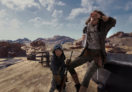 Post-apocalyptic beautiful brunette woman with son outdoor