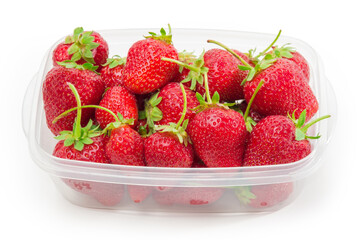 Fresh strawberries in food container on white background, close-up