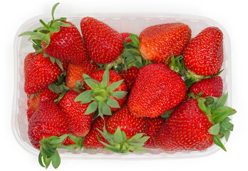 Top view of fresh strawberries in small translucent food container
