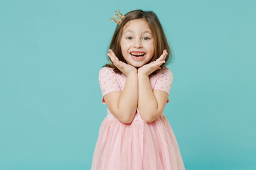 Little fun cute kid girl birthday princess 5-6 years old wears pink dress crown diadem isolated on...