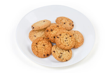 Chocolate chip cookies on dish on a white background