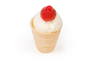 Ice cream with strawberry in waffle cup on white background