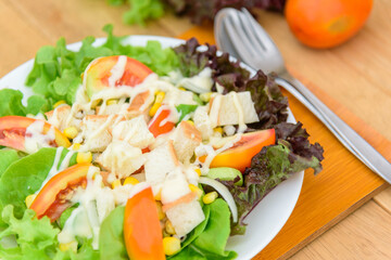 Mixed fresh vegetables salad in white dish on wood plate