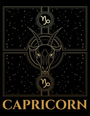 vector illustration of capricorn in gold and black colours  - obrazy, fototapety, plakaty