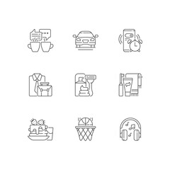 Daily routine linear icons set. Alarm clock for work. Everyday morning and evening schedule. Customizable thin line contour symbols. Isolated vector outline illustrations. Editable stroke