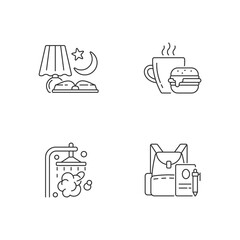 Everyday schedule and routine linear icons set. Evening reading. Lunch meal. Shower and bath. Customizable thin line contour symbols. Isolated vector outline illustrations. Editable stroke