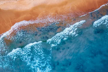 Foto op Canvas Concept summer sunny travel image. Turquoise water with wave with sand beach background from aerial top view © Parilov