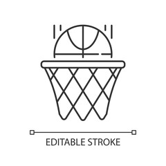 Basketball linear icon. Team sport for exercise. Scoring goal with shooting ball in hoop. Thin line customizable illustration. Contour symbol. Vector isolated outline drawing. Editable stroke © IMG visuals icons