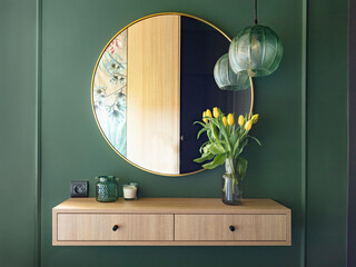 Dressing table with elegant round mirror. Home staging - obrazy, fototapety, plakaty