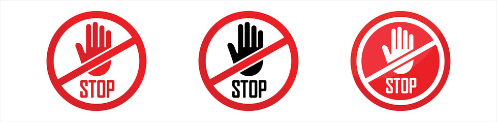 Set stop red sign icon with white hand, do not enter. Warning stop sign. Vector illustration Eps10