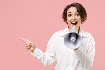 Happy young employee business woman corporate lawyer in classic formal white shirt work in office...