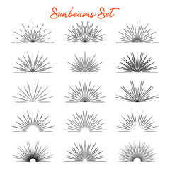 Set of vintage black bursting rays, half sun, sunset, firework, spark, starburst, explosion. Vector graphic flat design elements sunrise light burst line shine sunshine sunbeam retro border