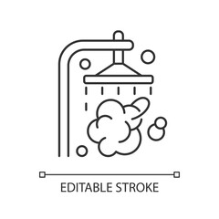 Shower linear icon. Shower faucet with running water. Rinse and wash for personal hygiene. Thin line customizable illustration. Contour symbol. Vector isolated outline drawing. Editable stroke