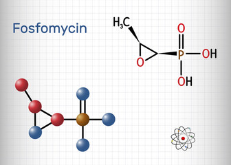 Fosfomycin, phosphomycin, phosphonomycin molecule. It is synthetic antibiotic with antimicrobial, bactericidal properties. Sheet of paper in a cage