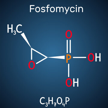 Fosfomycin, phosphomycin, phosphonomycin molecule. It is synthetic antibiotic with antimicrobial, bactericidal properties. Dark blue background