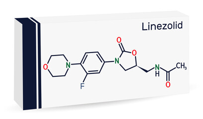 Linezolid molecule. It is synthetic antibiotic used for treatment of infections including streptococcus, Staphylococcus aureus, MRSA. Paper packaging for drugs