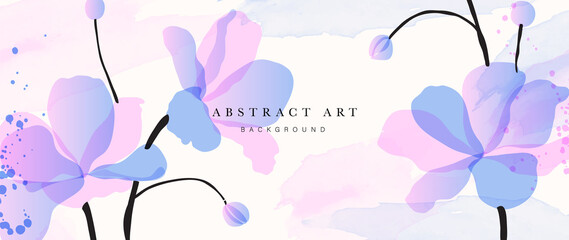 Abstract art background vector. Luxury minimal style wallpaper with golden line art flower and botanical leaves, Organic shapes, Watercolor. Vector background for banner, poster, Web and packaging. © TWINS DESIGN STUDIO