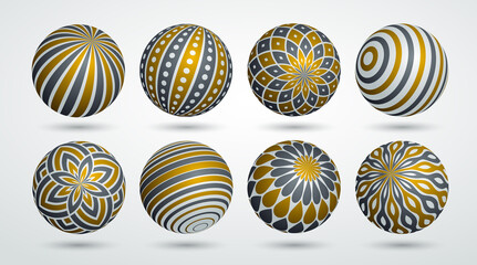 Abstract spheres vector set, collection of balls decorated with patterns, 3D mixed variety realistic globes with ornaments collection.