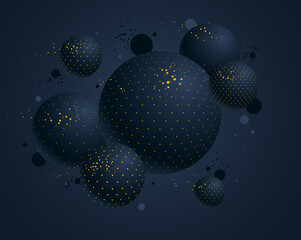 Abstract black and yellow dotted spheres vector background, composition of flying balls decorated with dots, 3D mixed globes