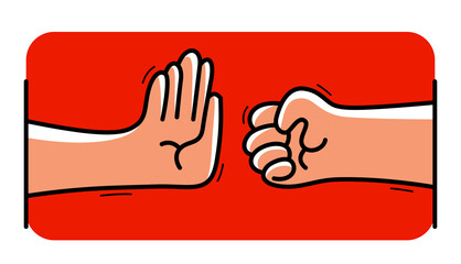 One hand stops another with aggressive clenched fist stop violence concept, vector flat style cartoon isolated on white, against cruelty and crime.
